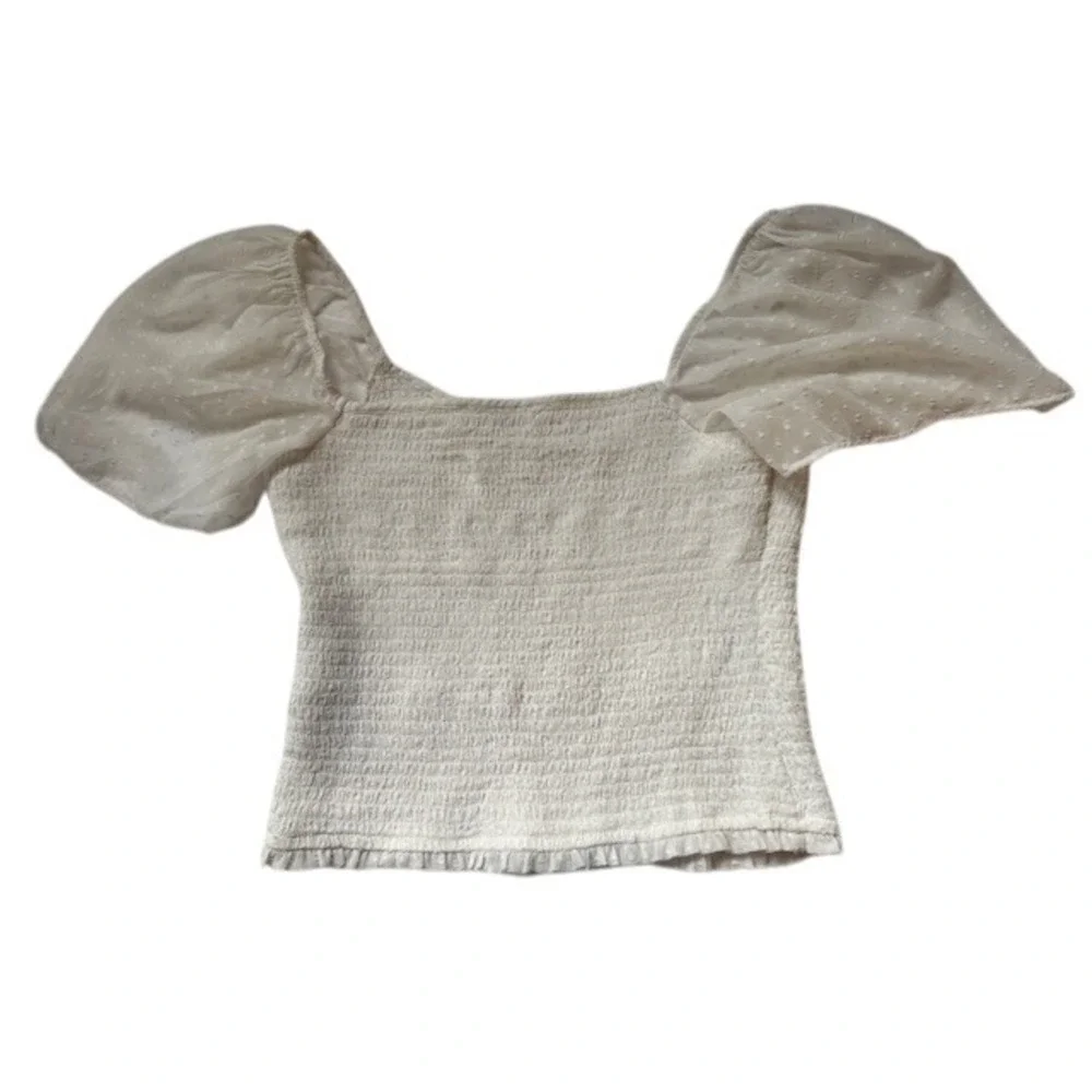 Abercrombie & Fitch Swiss Dot Flutter Sleeve Blouse Square Neck Smocked Top - M - Picture 6 of 8